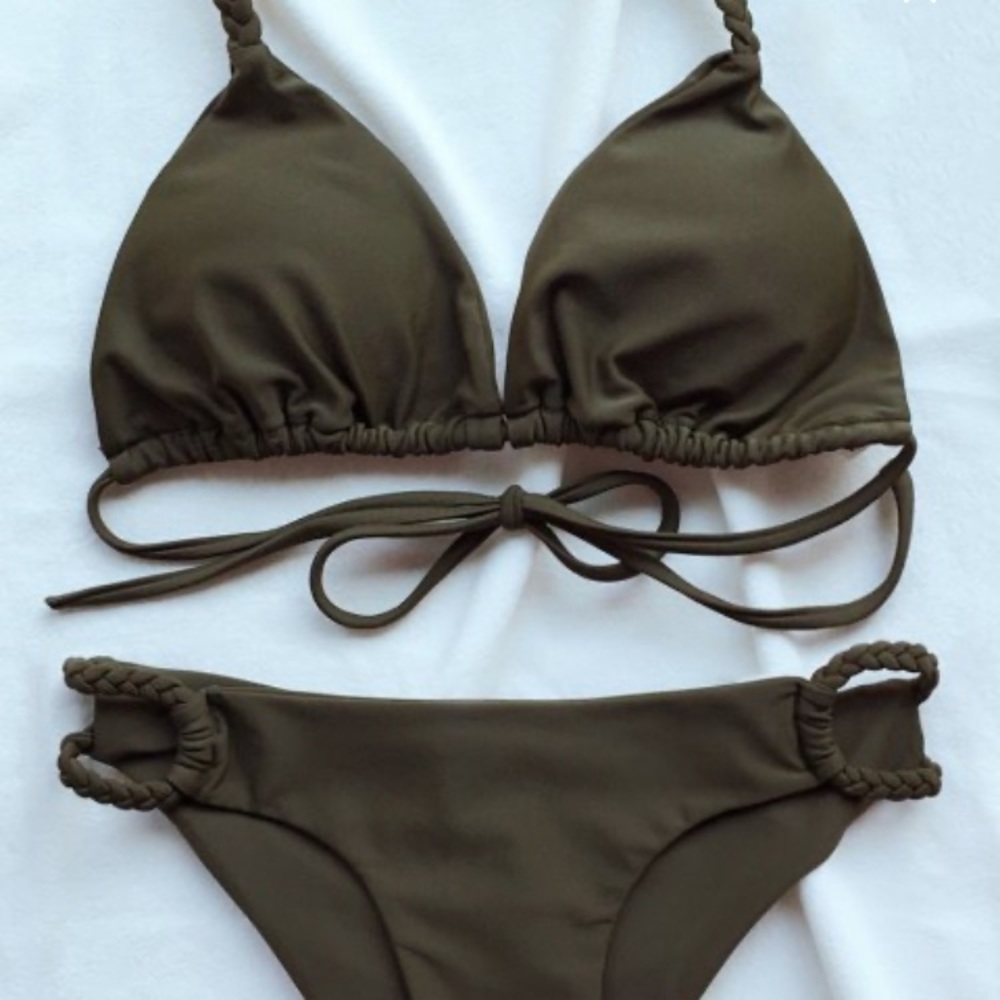 Zaful Braided Low Cut Halter Bikini- Army Green